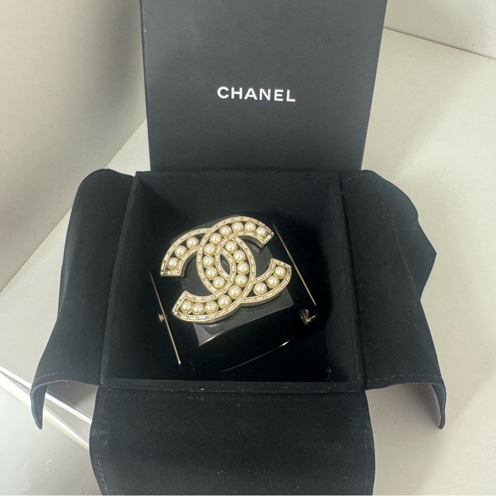 CHANEL Black and Gold Pearl Cuff Bracelet